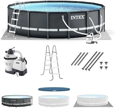 Intex Ultra XTR Frame 14\u2032 x 42\u2033 Round Above Ground Outdoor Swimming Pool Set with Sand Filter Pump, Ladder, Ground Cloth, and Pool Cover